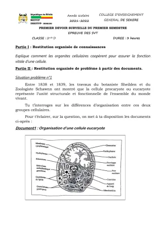 Première page de SVT 2nde D — 1er devoir surveillé, 1er semestre (2021-2022) · CEG SEKERE