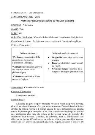Première page de Philosophie Tle A2 — 1re production scolaire, 1er semestre (2020-2021) · CEG ONIGBOLO