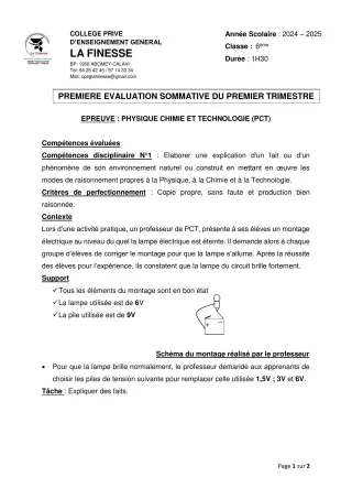 Première page de PCT 6e — 1re évaluation sommative, 1er trimestre (2024-2025) · CPEG La Finesse