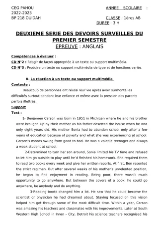 Première page de Anglais 1ère A2, 1ère B — 2e devoir surveillé, 1er semestre (2022-2023) · CEG PAHOU