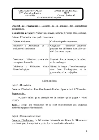 Première page de Philosophie 2nde A & B — 2e devoir surveillé, 2e semestre (2021-2022) · CEG2 ABOMEY - CALAVI (CEG ZOCA)