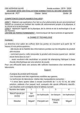Première page de PCT 3e — 2e évaluation sommative, 2e semestre (2019-2020) · CEG AZOHOUE-ALIHO