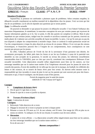Première page de Français 6e, 5e, 4e, 4e ML, 3e, 3e ML, 2nde A & B, 2nde C, 2nde D, 1ère A & B, 1ère C, 1ère D, Tle A & B, Tle C, Tle D — Composition (2018-2019) · CEG 1 ZOGBODOMEY