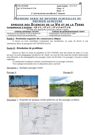 Première page de SVT 4e, 4e ML — 1er devoir surveillé, 1er semestre (2019-2020) · Ceg OUESSE