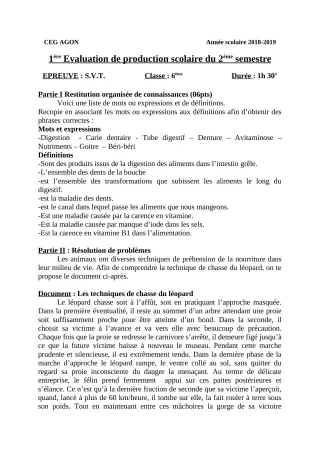 Première page de SVT 6e — 1re production scolaire, 2e semestre (2018-2019) · CEG Agon