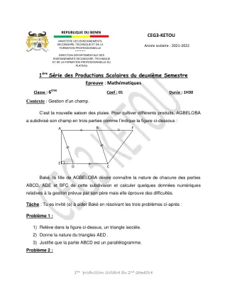 Première page de Mathématiques 6e, 5e, 4e, 3e, 2nde A2, 2nde D — 1re production scolaire, 2e semestre (2021-2022) · CEG 3 Kétou