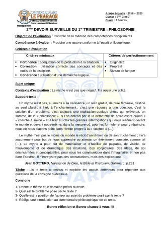 Première page de Philosophie 2nde C, 2nde D — 2e devoir surveillé, 1er trimestre (2019-2020) · CPEG LE PHARAON