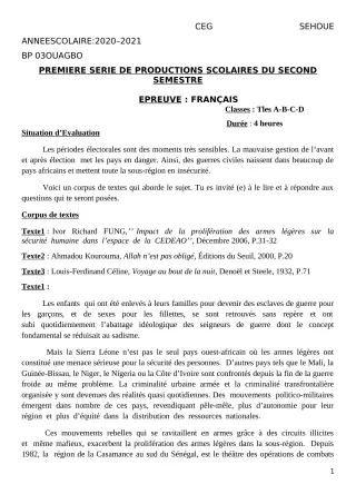Première page de Français Tle A2, Tle B, Tle C, Tle D — 1re production scolaire, 2e semestre (2020-2021) · CEG SEHOUE