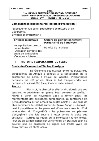 Première page de Histoire-Géographie 3e, 3e ML — 1er devoir surveillé, 2e semestre (2020-2021) · CEG 1 Agatogbo