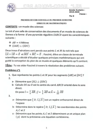 Première page de Mathématiques Tle D — 1er devoir surveillé, 1er semestre (2019-2020) · CEG ADJOVICODJI 'LES OLIVIERS'