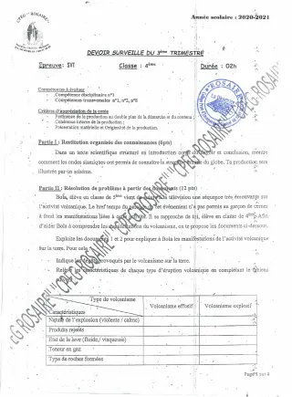 Première page de SVT 4e — Devoir surveillé, 3e trimestre (2020-2021) · CPEG ROSAIRE
