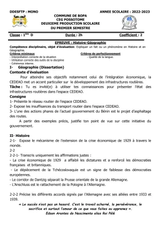 Première page de Histoire-Géographie 1ère D — 2e production scolaire, 1er semestre (2022-2023) · CEG POSSOTOME