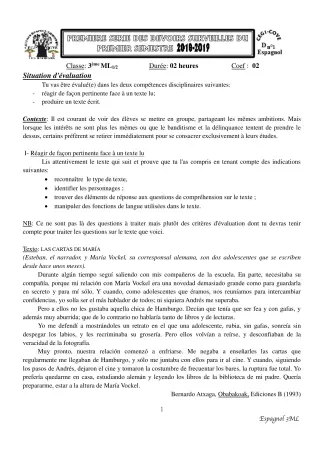 Première page de Espagnol 3e ML — 1er devoir surveillé, 1er semestre (2018-2019) · CEG1 Covè