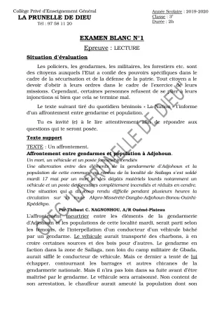 Première page de Français 3e, 3e ML — Devoir surveillé (2019-2020) · CEPG La Prunelle de Dieu