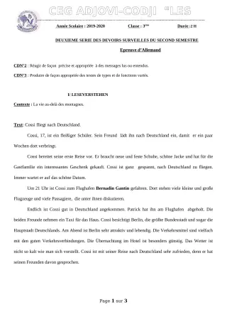 Première page de Allemand 3e ML — 2e devoir surveillé, 2e semestre (2019-2020) · CEG ADJOVICODJI 'LES OLIVIERS'