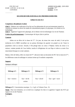 Première page de PCT 5e — 2e devoir surveillé, 1er semestre (2019-2020) · CEG du Lac