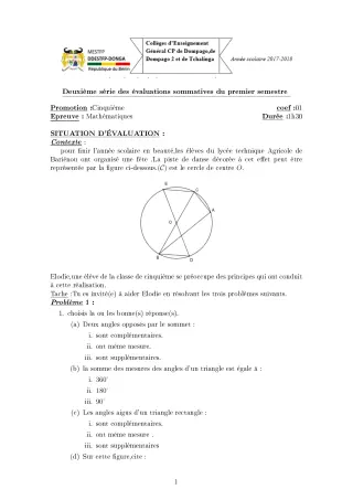 Première page de Mathématiques 5e — 2e évaluation sommative, 1er semestre (2017-2018) · CEG C.P de Dompago