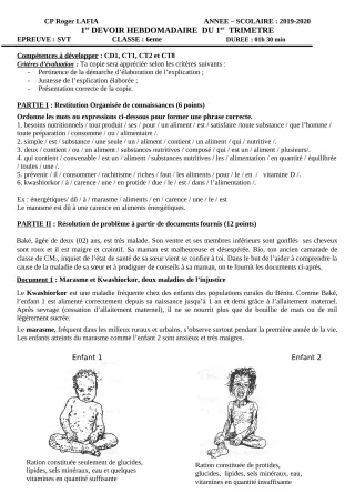 Première page de SVT 6e — 1er devoir surveillé (2019-2020) · CPEG Roger LAFIA