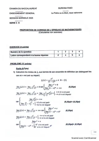 Première page de Corrigé Mathématiques Bac 2025 – Burkina Faso – Séries C, E 1er Tour