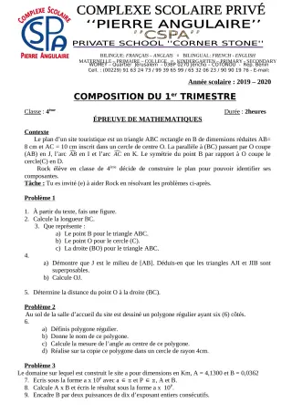 Première page de Mathématiques 4e — Composition, 1er trimestre (2019-2020) · CPEG PIERRE ANGULAIRE