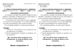 Première page de Français 6e, 5e, 4e, 4e ML, 3e, 3e ML — 1er devoir surveillé, 1er semestre (2018-2019) · CEG Donwari
