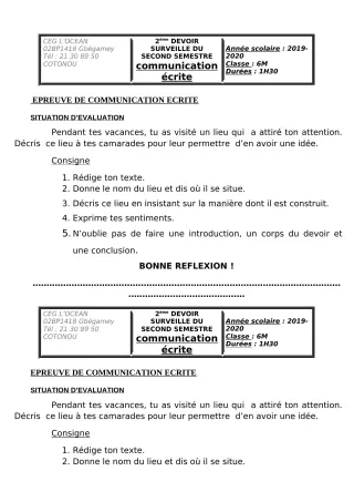 Première page de Français 6e — 2e devoir surveillé, 2e semestre (2019-2020) · CEG l'Océan