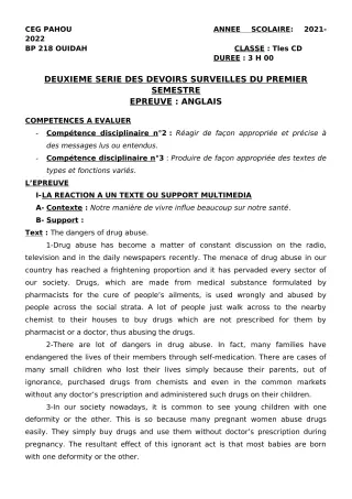 Première page de Anglais Tle C, Tle D — 2e devoir surveillé, 1er semestre (2021-2022) · CEG PAHOU