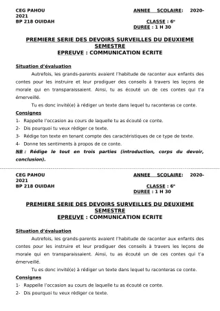 Première page de Français 6e — 1er devoir surveillé, 2e semestre (2020-2021) · CEG PAHOU
