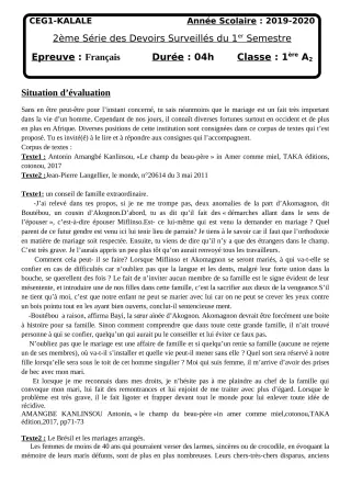 Première page de Français 2nde A2, 2nde D, 1ère A2, Tle A2, Tle D — 2e devoir surveillé, 1er semestre (2019-2020) · CEG1 Kalalé