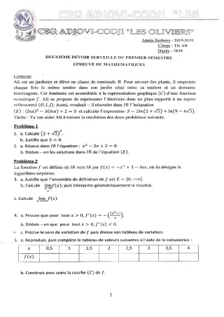 Première page de Mathématiques Tle B — 2e devoir surveillé, 1er semestre (2019-2020) · CEG ADJOVICODJI 'LES OLIVIERS'