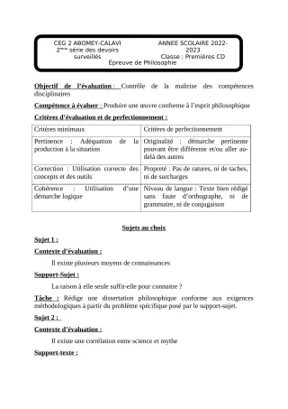 Première page de Philosophie 1ère C — 2e devoir surveillé, 2e semestre (2022-2023) · CEG2 ABOMEY - CALAVI (CEG ZOCA)