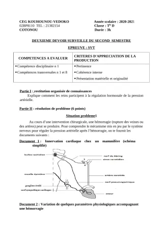 Première page de SVT Tle D — 2e devoir surveillé, 2e semestre (2020-2021) · CEG Kouhounou-Vêdoko