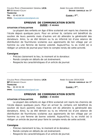 Première page de Français 3e, 3e ML — Devoir surveillé, 1er trimestre (2019-2020) · CPEG LICA