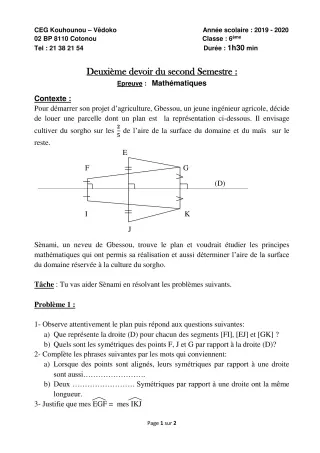 Première page de Mathématiques 6e — 2e devoir surveillé, 2e semestre (2019-2020) · CEG Kouhounou-Vêdoko