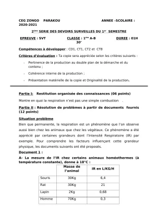Première page de SVT 1ère A1, 1ère A2, 1ère B — 2e devoir surveillé, 1er semestre (2020-2021) · CEG ZONGO