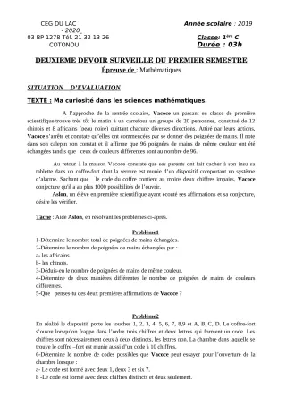Première page de Mathématiques 1ère C — 2e devoir surveillé, 1er semestre (2019-2020) · CEG du Lac