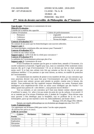Première page de Philosophie 2nde A2, 2nde B, 2nde C, 2nde D, 1ère A2, 1ère B, 1ère C, 1ère D, Tle A & B, Tle A2, Tle C, Tle D — 2e devoir surveillé, 2e semestre (2018-2019) · CEG Banikanni