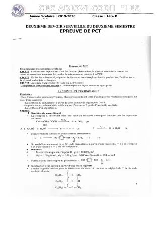 Première page de PCT Tle D — 2e devoir surveillé, 2e semestre (2019-2020) · CEG ADJOVICODJI 'LES OLIVIERS'