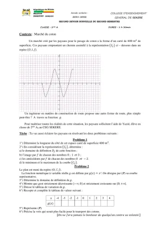 Première page de Mathématiques 2nde A2 — 2e devoir surveillé, 2e semestre (2021-2022) · CEG SEKERE