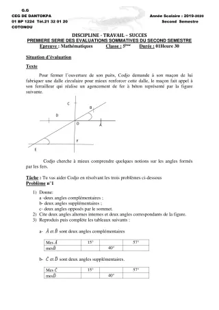 Première page de Mathématiques 5e — 1re évaluation sommative, 2e semestre (2019-2020) · CEG Dantokpa