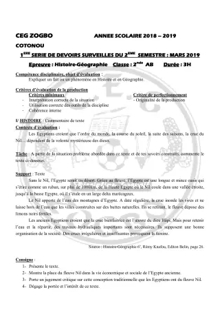 Première page de Histoire-Géographie 2nde A, 2nde B — 1er devoir surveillé, 2e semestre (2018-2019) · CEG ZOGBO