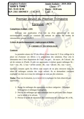 Première page de PCT 5e — 1er devoir surveillé, 1er trimestre (2019-2020) · CPEG GOD'S TIME