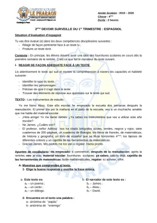 Première page de Espagnol 4e ML — 2e devoir surveillé, 1er trimestre (2019-2020) · CPEG LE PHARAON