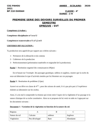Première page de SVT 4e — 1er devoir surveillé, 1er semestre (2020-2021) · CEG PAHOU