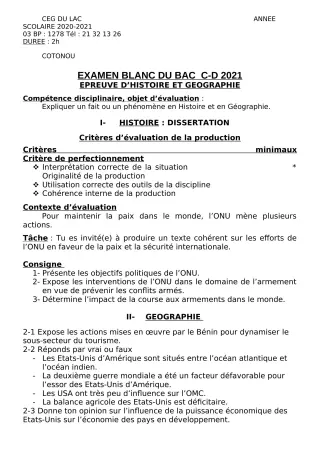 Première page de Examen Blanc de HIST-GEO — Tle C, Tle D — CEG du Lac (2020)