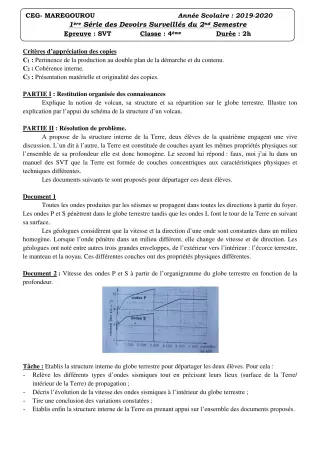 Première page de SVT 4e ML&MC — 1er devoir surveillé, 2e semestre (2019-2020) · CEG MAREGOUROU