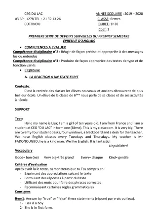 Première page de Anglais 6e — 1er devoir surveillé, 1er semestre (2019-2020) · CEG du Lac