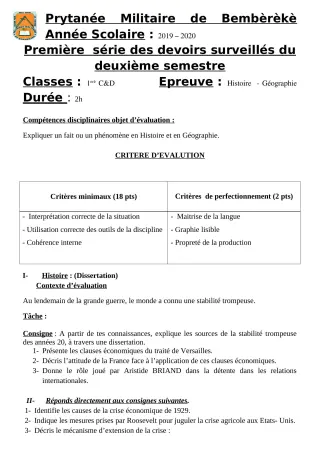 Première page de Histoire-Géographie 1ère C, 1ère D — 1er devoir surveillé, 2e semestre (2019-2020) · PMB