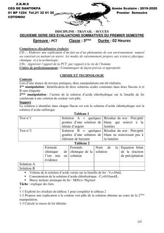 Première page de PCT 3e, 3e ML — 2e évaluation sommative, 1er semestre (2019-2020) · CEG Dantokpa