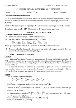 Première page de PCT 2nde D, 1ère D, Tle D — 1er devoir surveillé, 1er semestre (2022-2023) · CEG 4 Bohicon